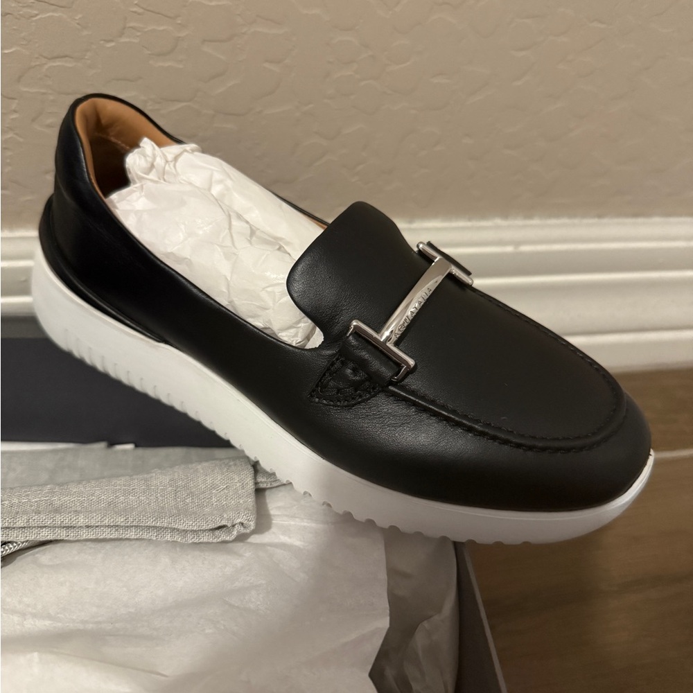 Aquatalia Black Leather Slip-On Loafers with White Sole
